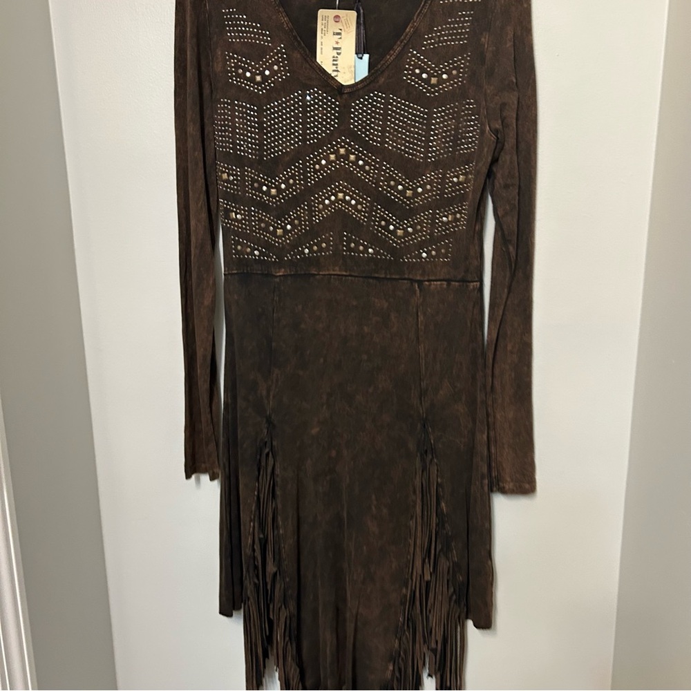 T Party Beaded Embroidered Fringe Mini Dress Mineral Wash Womens M Western Rodeo - Picture 12 of 16
